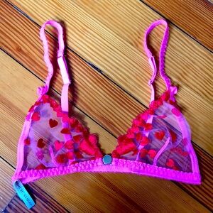 NWOT Mimi Holliday Tulle Neon Pink & Red Bralette with Embroidered Hearts